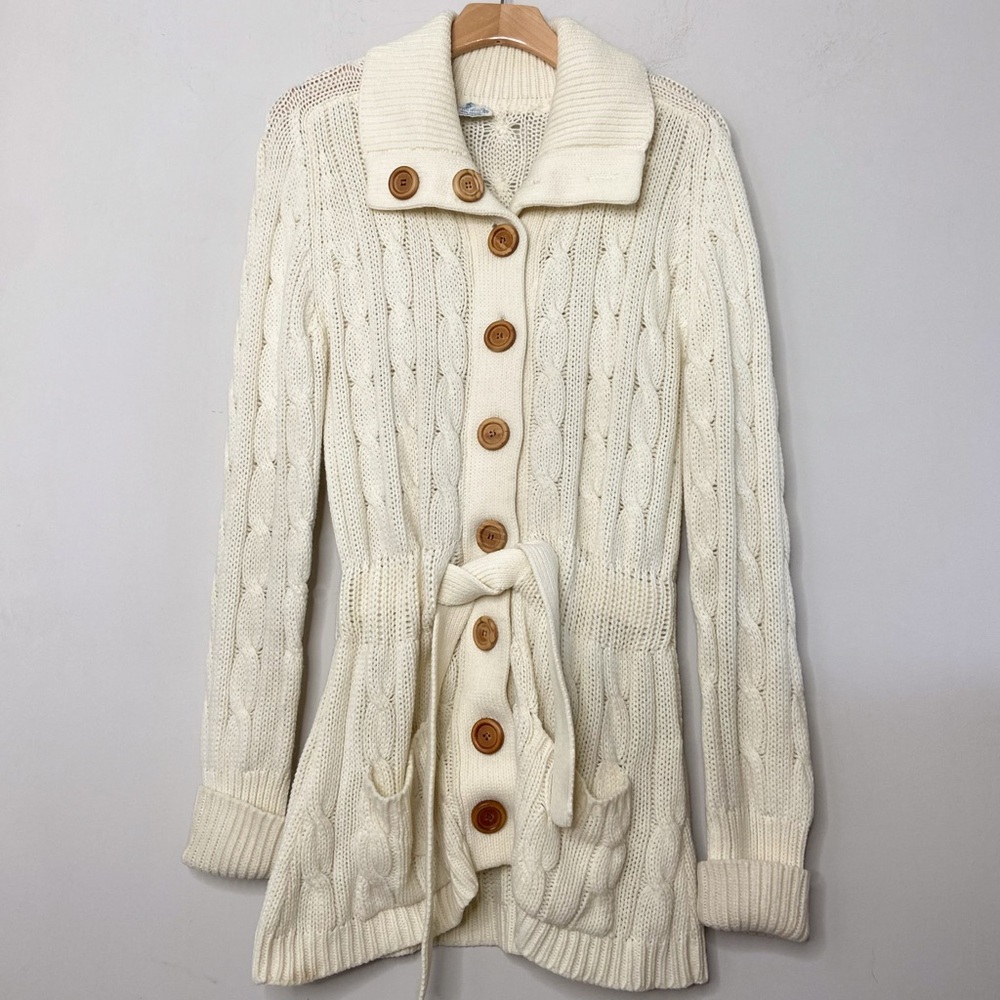 Vintage 1970s Hand Loomed Long Belted Cream Cable Knit Cardigan Sweater | Small